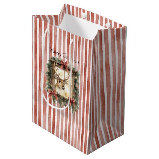 Deer in Window Red Stripes Bows Christmas Medium Cadeauzakje (Voorkant Gekanteld)