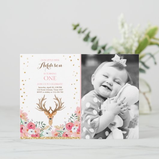 Deer jarig Uitnodiging Woodland Gold Pink Floral (Staand voorkant)