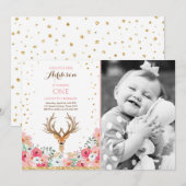 Deer jarig Uitnodiging Woodland Gold Pink Floral (Voorkant / Achterkant)