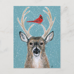Deer, kardinaal, sneeuw, kerstwinter briefkaart