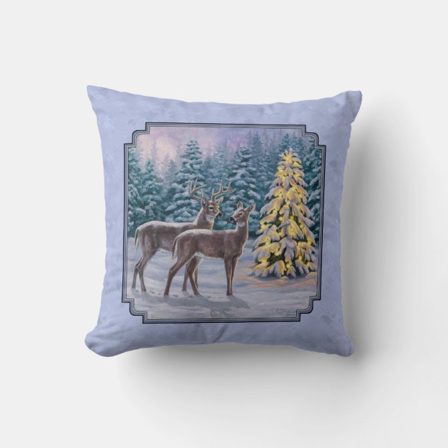 Deer & kerstboom Winter Blauw Kussen (Voorkant)