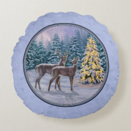 Deer & kerstboom Winter Blauw Rond Kussen