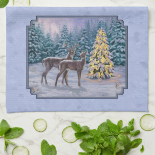 Deer & kerstboom Winter Blauw Theedoek