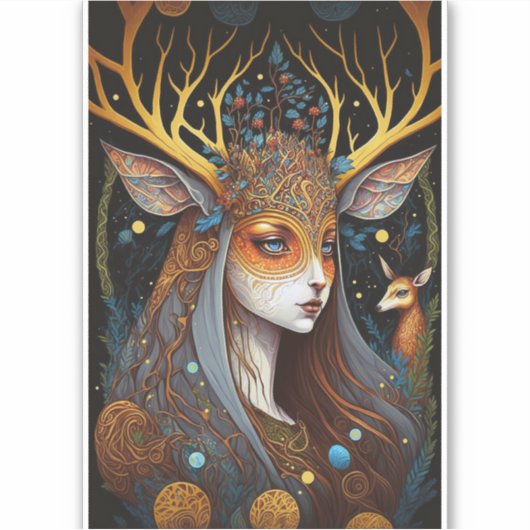 Deer Lady Fantasy Art Sticker (Voorkant)