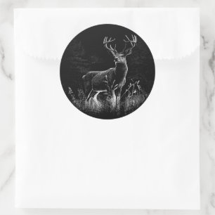 Deer met geweien per veld en boom ronde sticker