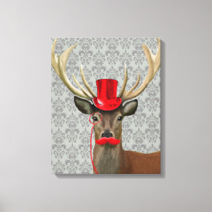 Deer met rood Pet en snor Canvas Afdruk