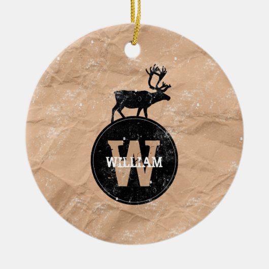 Deer Monogram Onderdruk Rustic Brown Kraft Paper Keramisch Ornament (Voorkant)