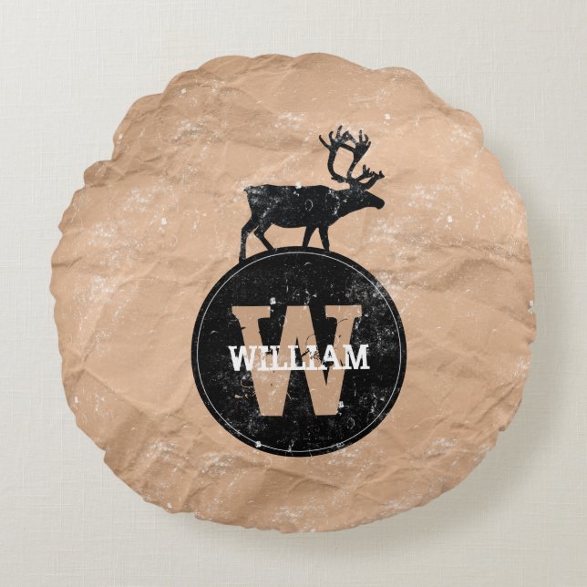 Deer Monogram Onderdruk Rustic Brown Kraft Paper Rond Kussen (Voorkant)