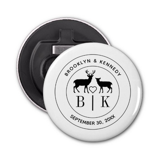 Deer Monogram Rustic country Wedding Couple Name Button Flesopener (Voorkant)