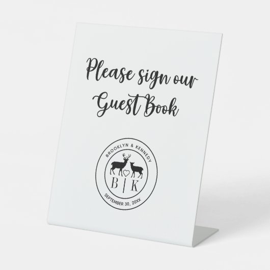 Deer Monogram Rustic Country Wedding Guest Book Reclamebord Met Voetstuk (Voorkant)