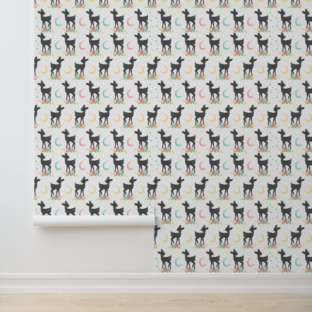 Deer Pattern, Baby Deer, Boho, Flowers, Moon Behang (Applicatie)