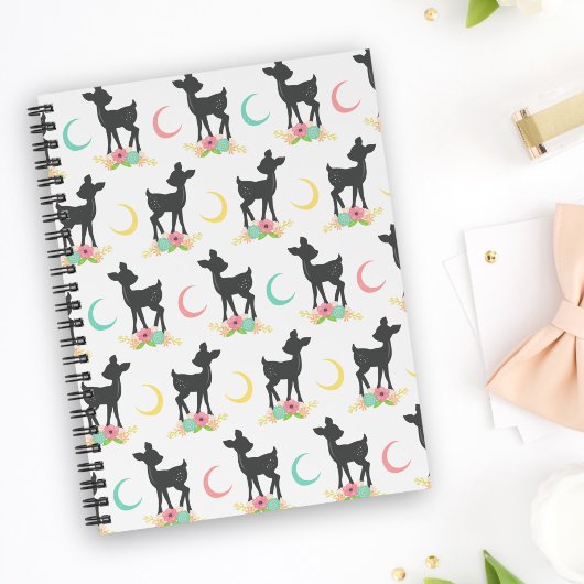 Deer Pattern, Baby Deer, Boho, Flowers, Moon Notitieboek