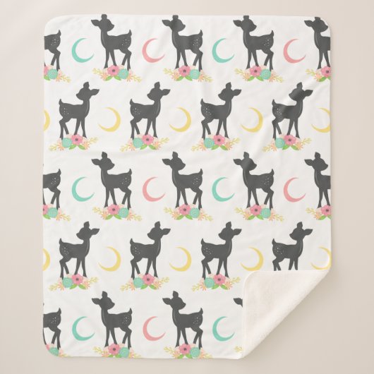 Deer Pattern, Baby Deer, Boho, Flowers, Moon Sherpa Deken (Voorkant)