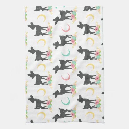Deer Pattern, Baby Deer, Boho, Flowers, Moon Theedoek (Verticaal)