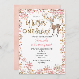 Deer Pink Glitter Winter Birthday Uitnodiging
