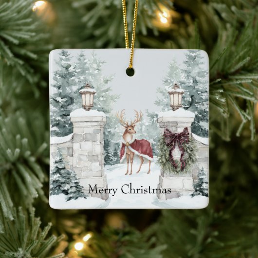 Deer Red Coat Snow Christmas Keramisch Ornament (Boom)