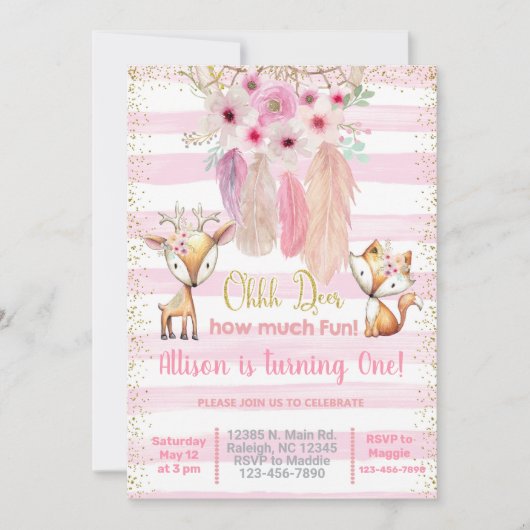 Deer, renard, invitation d'anniversaire de fille a (Devant)