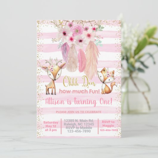 Deer, renard, invitation d'anniversaire de fille a (Debout devant)