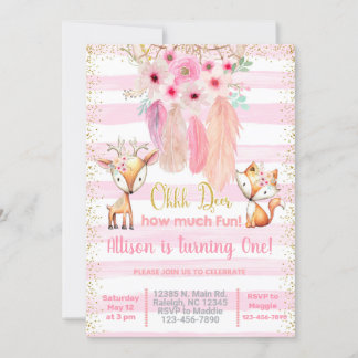 Deer, renard, invitation d'anniversaire de fille a