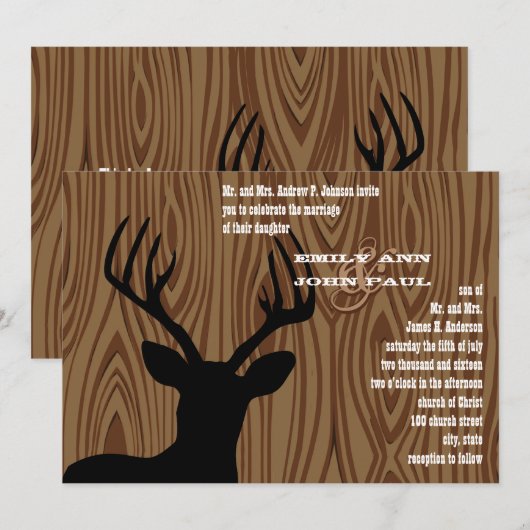 Deer Silhouette Wood Grain Wedding Invite Kaart (Voorkant / Achterkant)