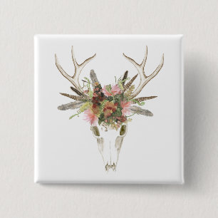 Deer Skull & Flowers Vierkante Button 5,1 Cm