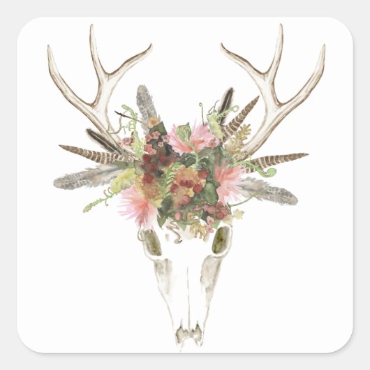 Deer Skull & Flowers Vierkante Sticker (Voorkant)