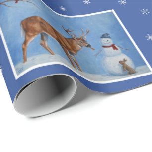 Deer & Snowman-kerstsnowflakes Cadeaupapier