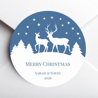 Deer Stag & Doe Blue White Christmas  Ronde Sticker