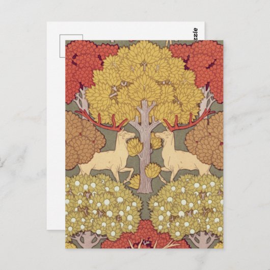 Deer &Tree Squirrel Bird Rowan Berries Art Nouveau Briefkaart (Voorkant / Achterkant)