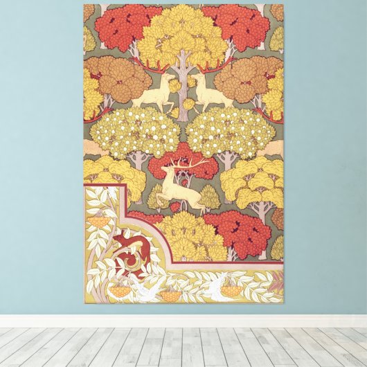 Deer &Tree Squirrel Bird Rowan Berries Art Nouveau Canvas Afdruk (Insitu (Houten vloer))