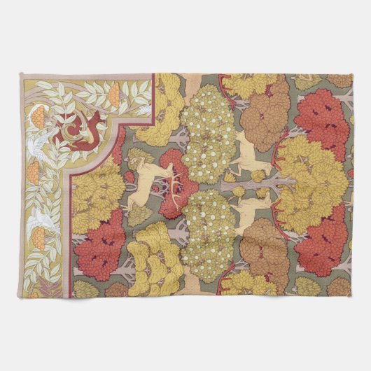 Deer &Tree Squirrel Bird Rowan Berries Art Nouveau Theedoek (Horizontaal)