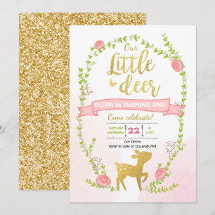 Deer verjaardag nodigt Girl Pink Gold Woodland uit Kaart