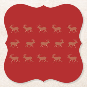 Deer Walking Festive Pattern Red Brown Achtergrond Kartonnen Onderzetters