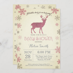 Deer Winter Pink Girl Baby shower Snowflake Kaart