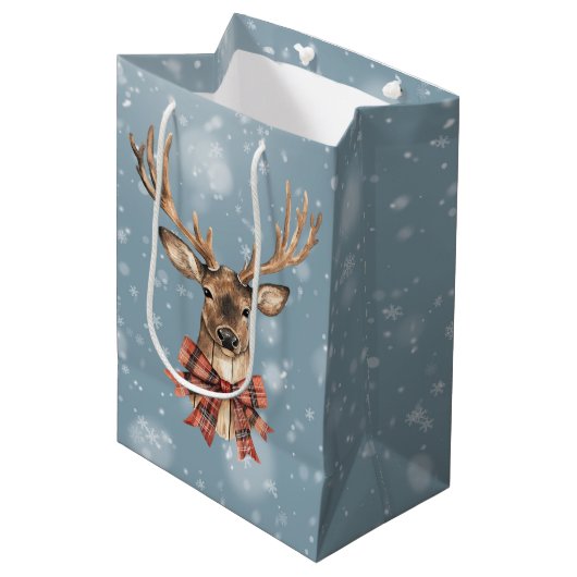 Deer With Plaid Bow Christmas Snow Falling Medium Cadeauzakje (Voorkant Gekanteld)