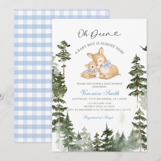 Deer Woodland Baby Boy Shower Invitation (Devant / Derrière)