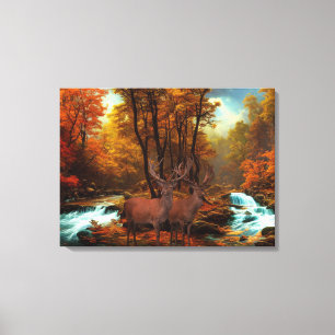 Deers by a Woodland Stream Canvas Afdruk