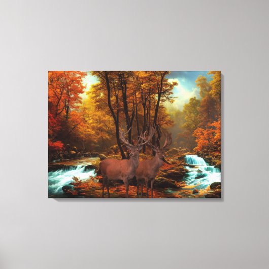 Deers by a Woodland Stream Canvas Afdruk (Voorkant)