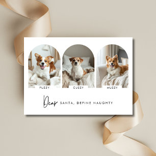 Definieer Naughty Christmas Arch Dog foto met naam Feestdagenkaart