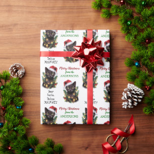 Definieer ondeugende kat die in kerstverlichting i cadeaupapier