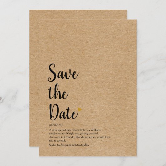 Définition de Save the Date Script Cœur Or Rustiqu (Devant / Derrière)