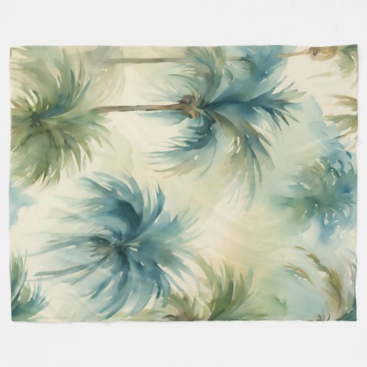 Deken Blauw Blauwgroen Beige Waterverf Palmbomen (Voorkant (Horizontaal))