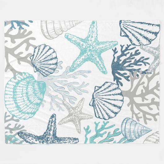 Deken Blauwgroen Zeester Zeeschelp Coastal Sealife (Voorkant (Horizontaal))