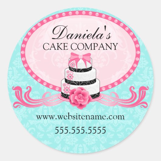 Dekking van Elegant Cake en Damask Bakery Box Ronde Sticker (Voorkant)