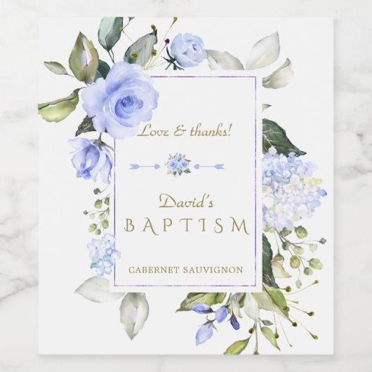 Delaicate blauwe bloemen gouden lijst jongensdoop wijn etiket (Enkel label)
