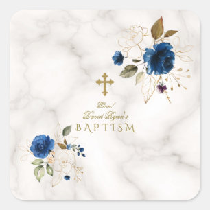 Delaicate blauwe gouden bloemen Gouden kruis Doop Vierkante Sticker