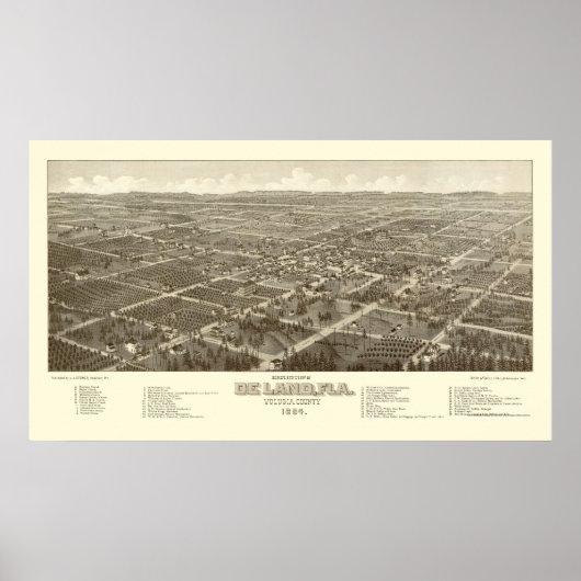 DeLand, FL Panoramic Map - 1884 Poster (Voorkant)
