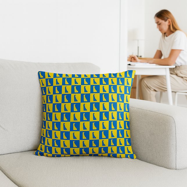Delaware Pop Art Rasterpatroon Blauw Geel Goud Kussen (A throw pillow with a blue and gold pattern of Delaware)