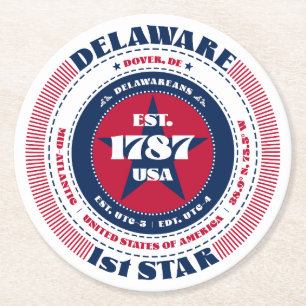 Delaware Rood Wit Blauw Typografie Papier Onderzet Ronde Kartonnen Onderzetter