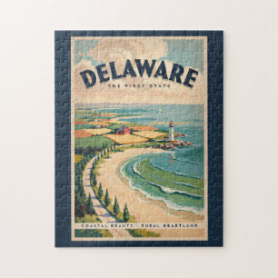 Delaware Vuurtoren Illustratie Reis Kunst Retro Legpuzzel